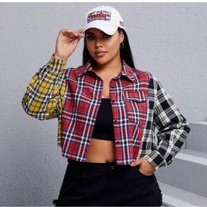 Plaid Colorblock Crop Shirt
